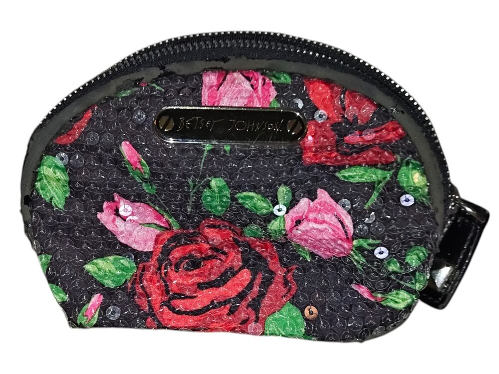Betsey Johnson Sequin Rose Cosmetic Bag Floral Sequined Black Patent Leather